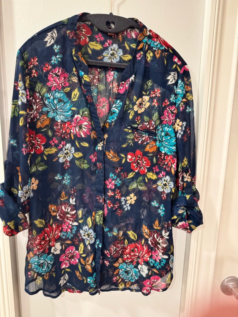 Kut from the Kloth Navy Sheer Floral Button-Up Blouse - Multicolor Flowers - Picture 2 of 7